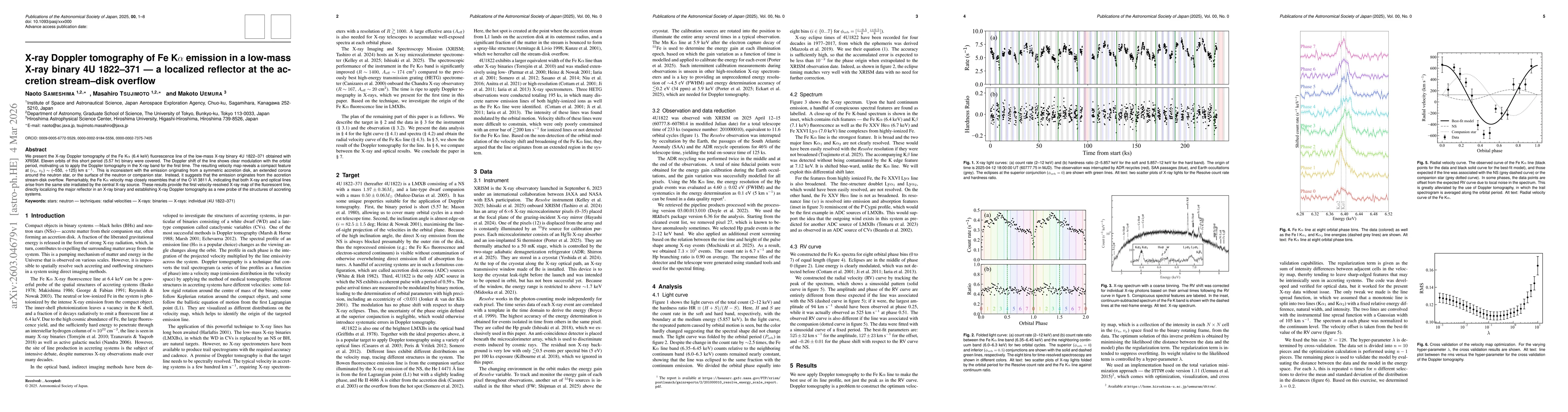 Thumbnail for X-ray Doppler tomography of Fe K$α$ emission in a low-mass X-ray binary 4U 1822-371 - a localized reflector at the accretion stream-disk overflow