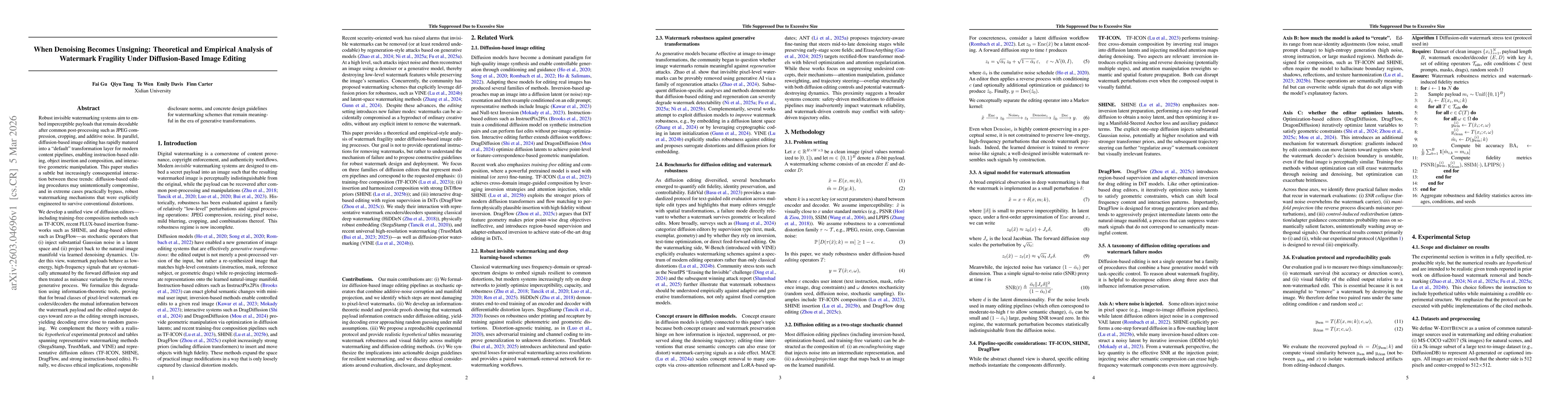 Thumbnail for When Denoising Becomes Unsigning: Theoretical and Empirical Analysis of Watermark Fragility Under Diffusion-Based Image Editing