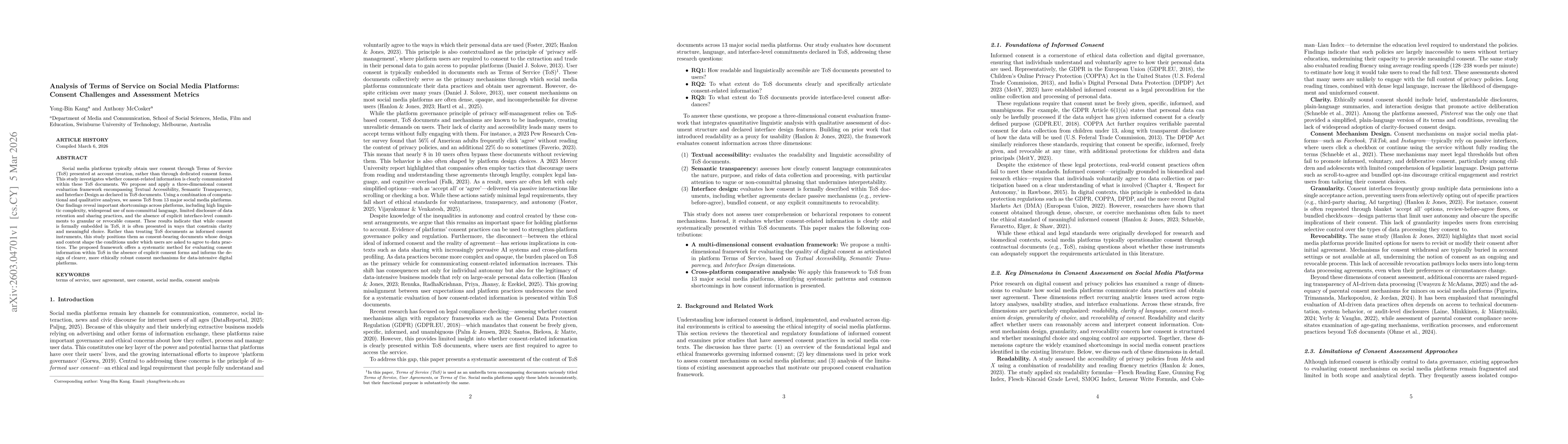 Thumbnail for Analysis of Terms of Service on Social Media Platforms: Consent Challenges and Assessment Metrics