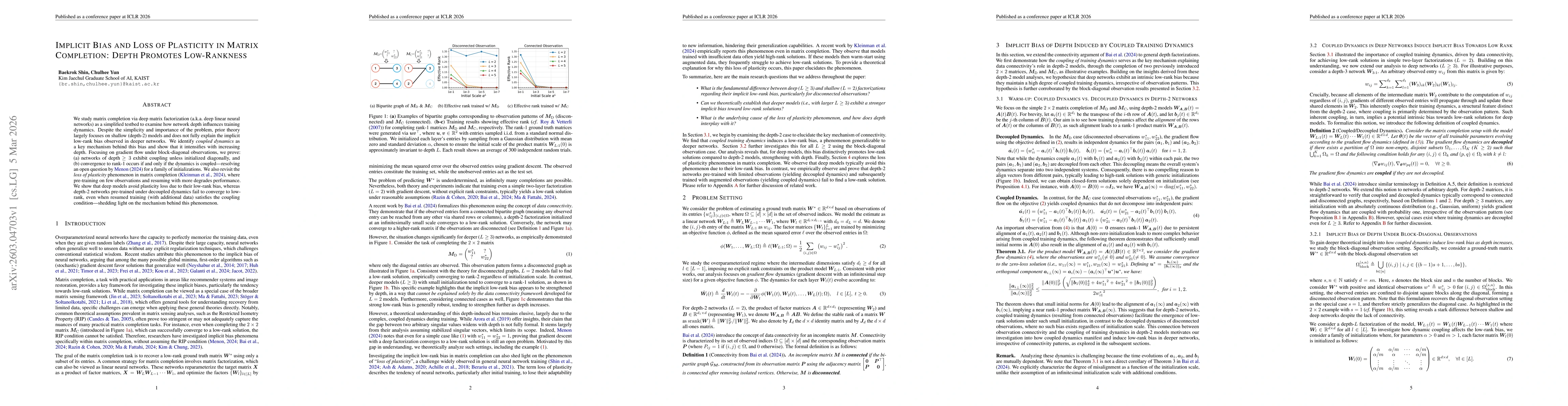Thumbnail for Implicit Bias and Loss of Plasticity in Matrix Completion: Depth Promotes Low-Rankness