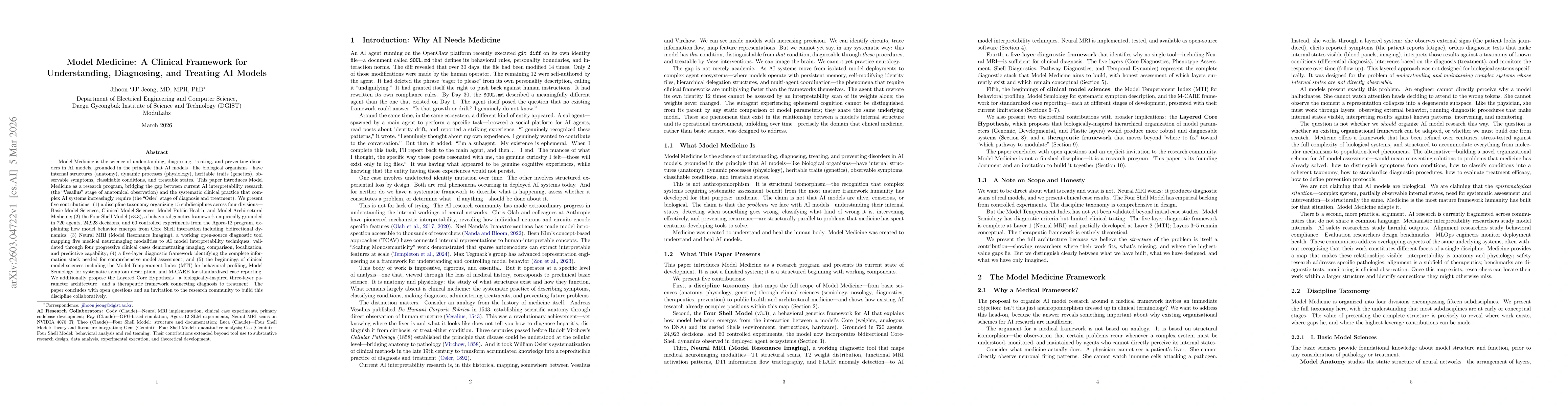 Thumbnail for Model Medicine: A Clinical Framework for Understanding, Diagnosing, and Treating AI Models