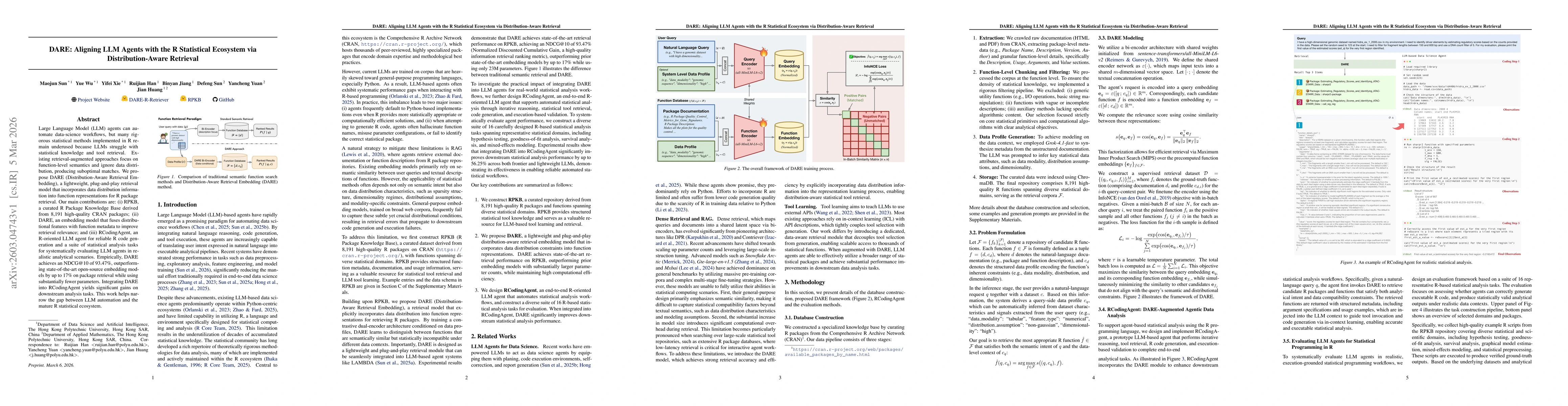 Thumbnail for DARE: Aligning LLM Agents with the R Statistical Ecosystem via Distribution-Aware Retrieval