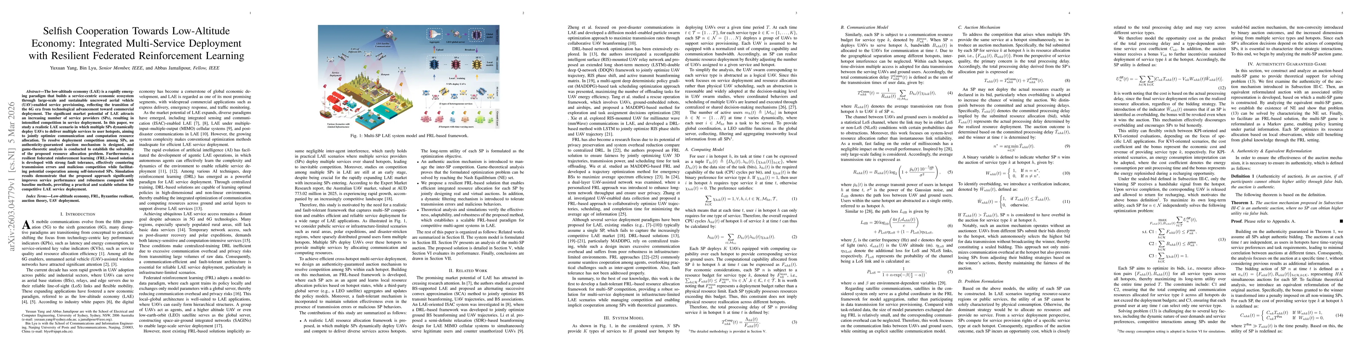Thumbnail for Selfish Cooperation Towards Low-Altitude Economy: Integrated Multi-Service Deployment with Resilient Federated Reinforcement Learning