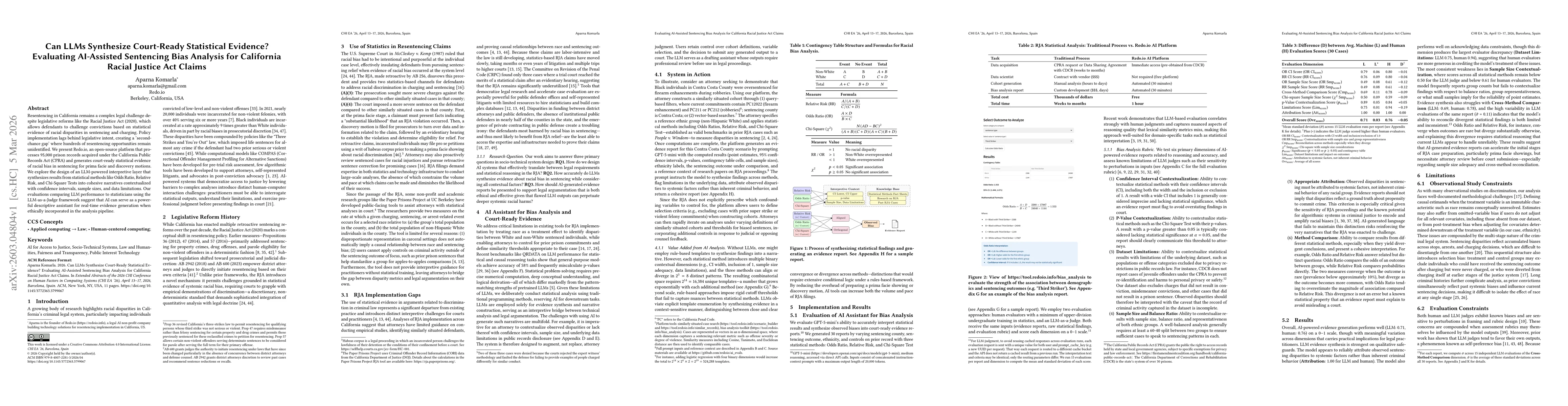 Thumbnail for Can LLMs Synthesize Court-Ready Statistical Evidence? Evaluating AI-Assisted Sentencing Bias Analysis for California Racial Justice Act Claims
