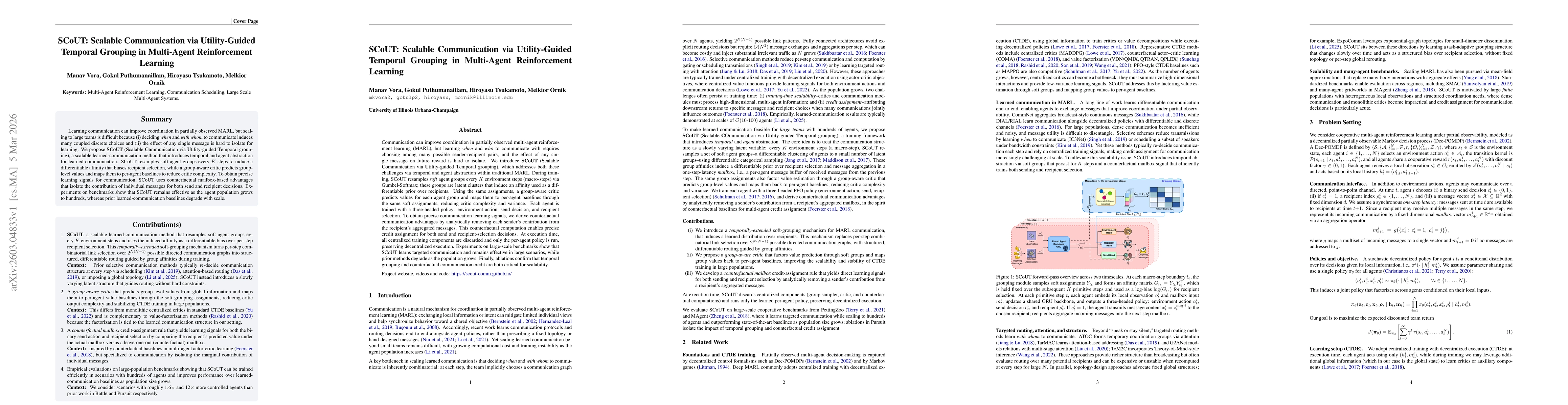 Thumbnail for SCoUT: Scalable Communication via Utility-Guided Temporal Grouping in Multi-Agent Reinforcement Learning