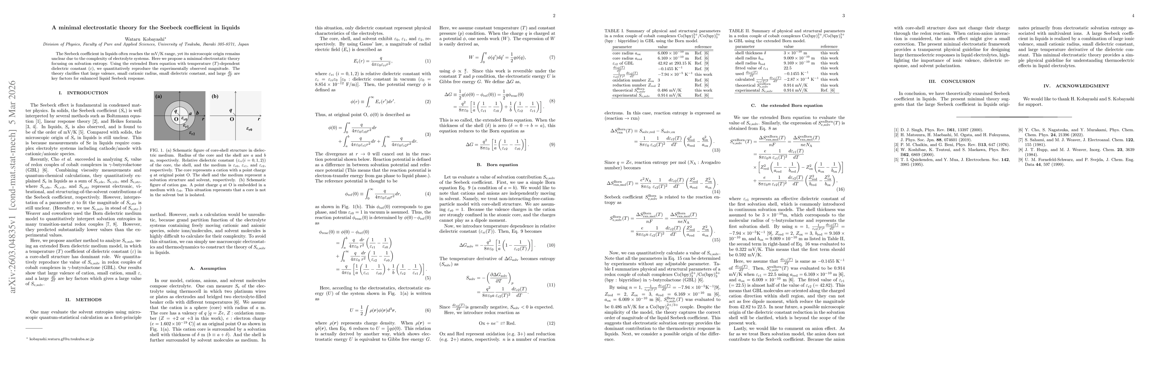 Thumbnail for A minimal electrostatic theory for the Seebeck coefficient in liquids