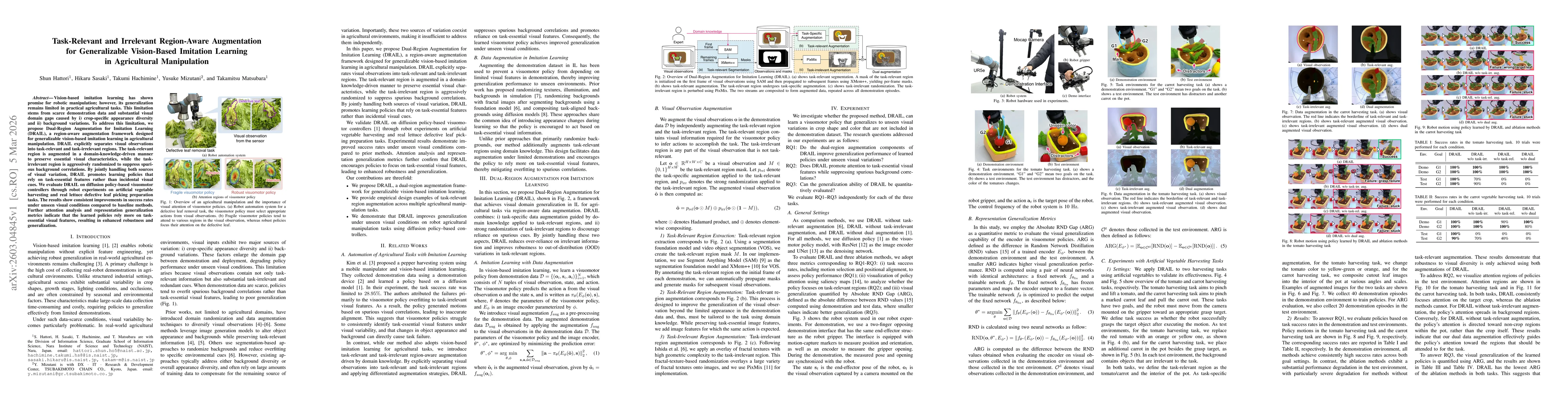 Thumbnail for Task-Relevant and Irrelevant Region-Aware Augmentation for Generalizable Vision-Based Imitation Learning in Agricultural Manipulation