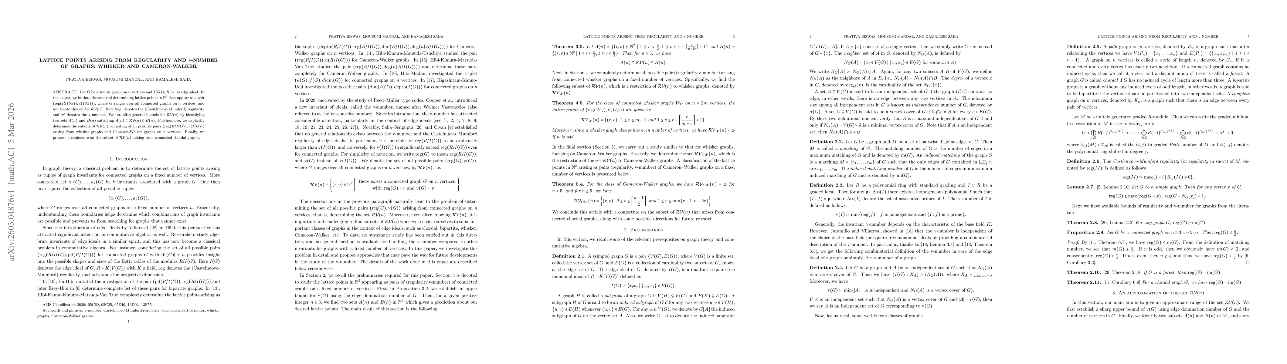 Thumbnail for Lattice points arising from regularity and $\mathrm{v}$-number of Graphs: Whisker and Cameron-Walker