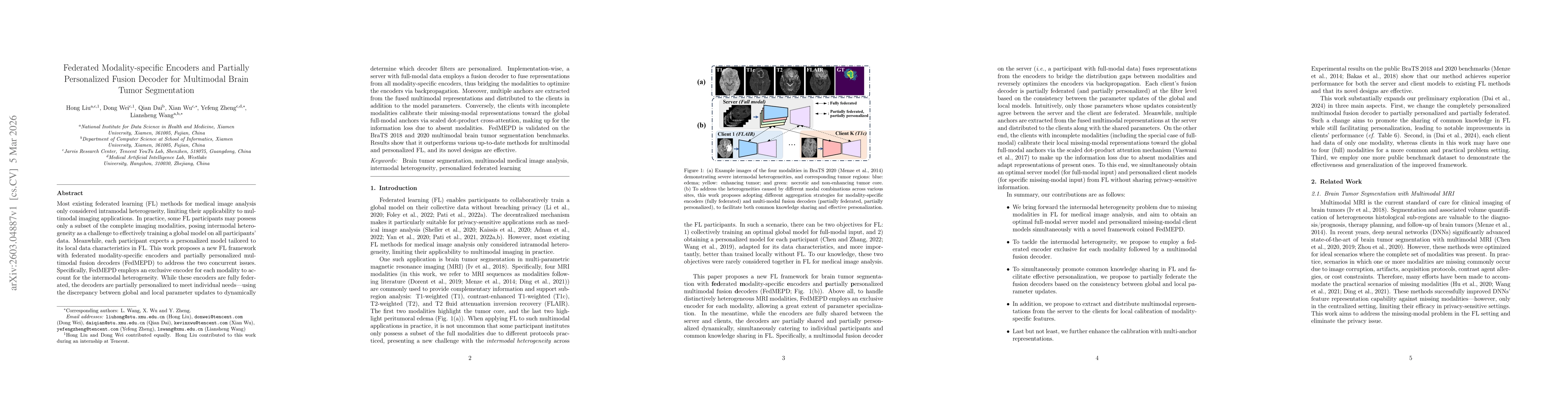 Thumbnail for Federated Modality-specific Encoders and Partially Personalized Fusion Decoder for Multimodal Brain Tumor Segmentation