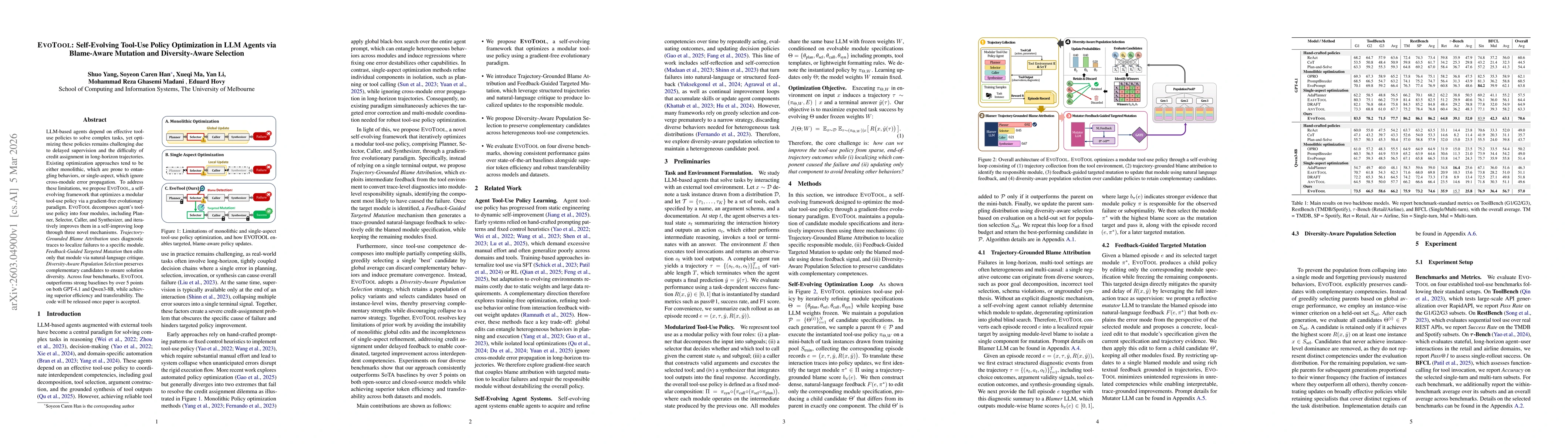 Thumbnail for EvoTool: Self-Evolving Tool-Use Policy Optimization in LLM Agents via Blame-Aware Mutation and Diversity-Aware Selection