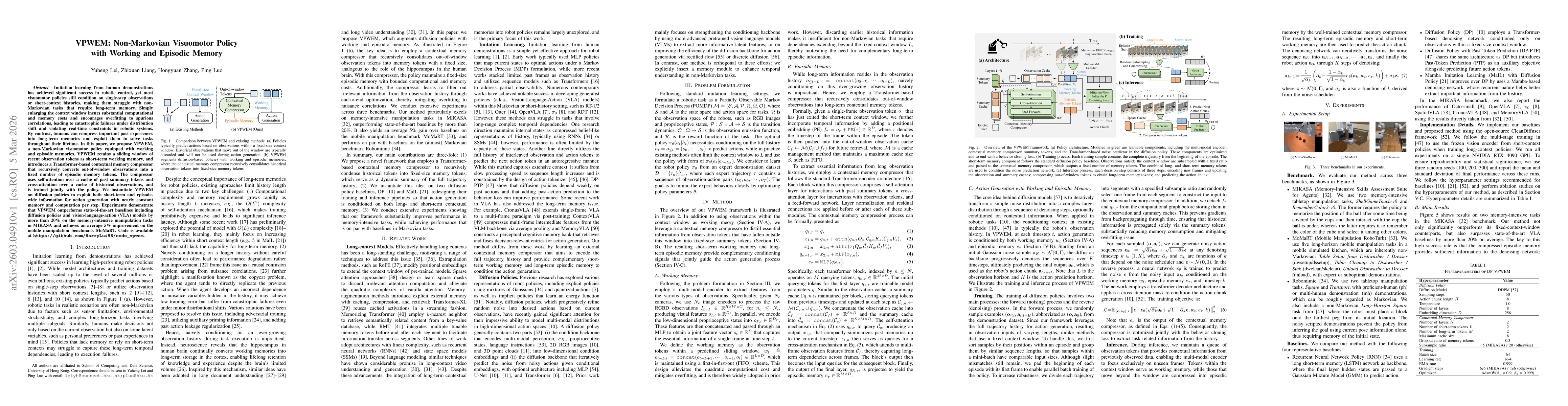 Thumbnail for VPWEM: Non-Markovian Visuomotor Policy with Working and Episodic Memory