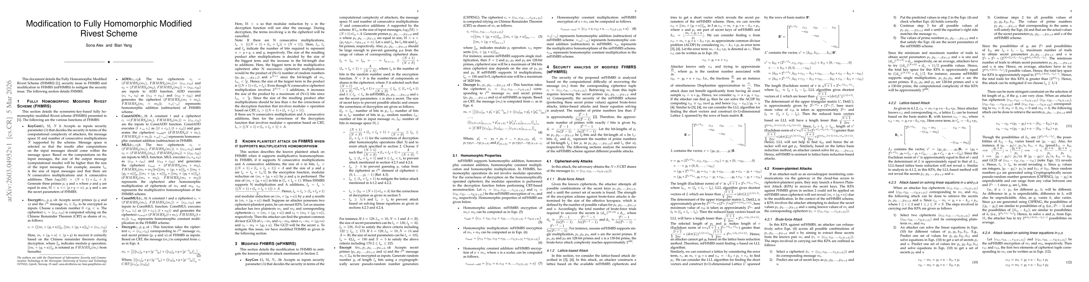 Thumbnail for Modification to Fully Homomorphic Modified Rivest Scheme