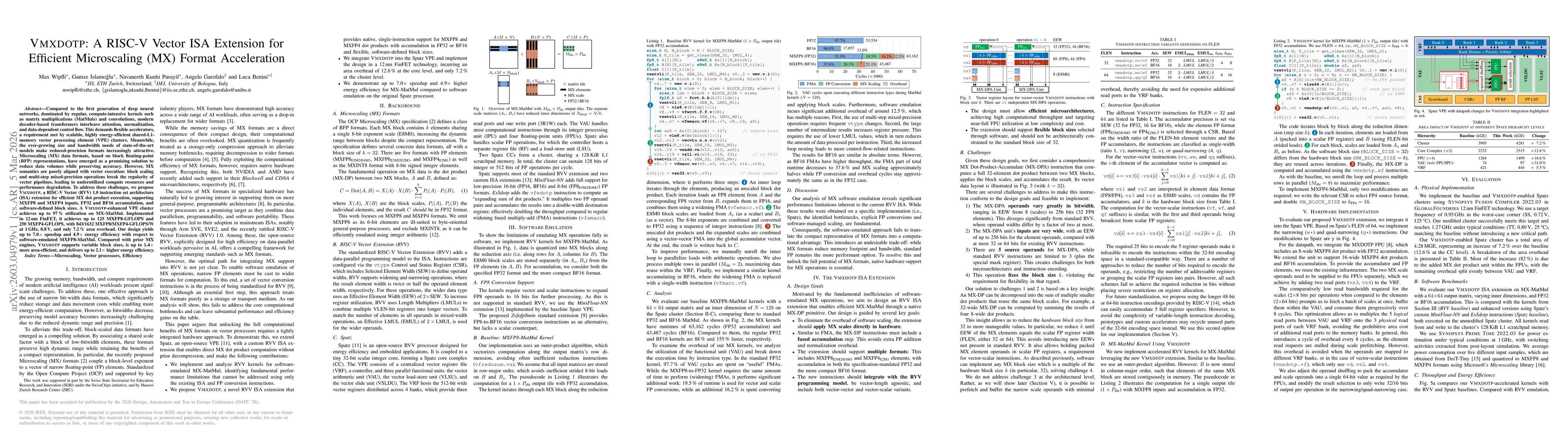 Thumbnail for VMXDOTP: A RISC-V Vector ISA Extension for Efficient Microscaling (MX) Format Acceleration