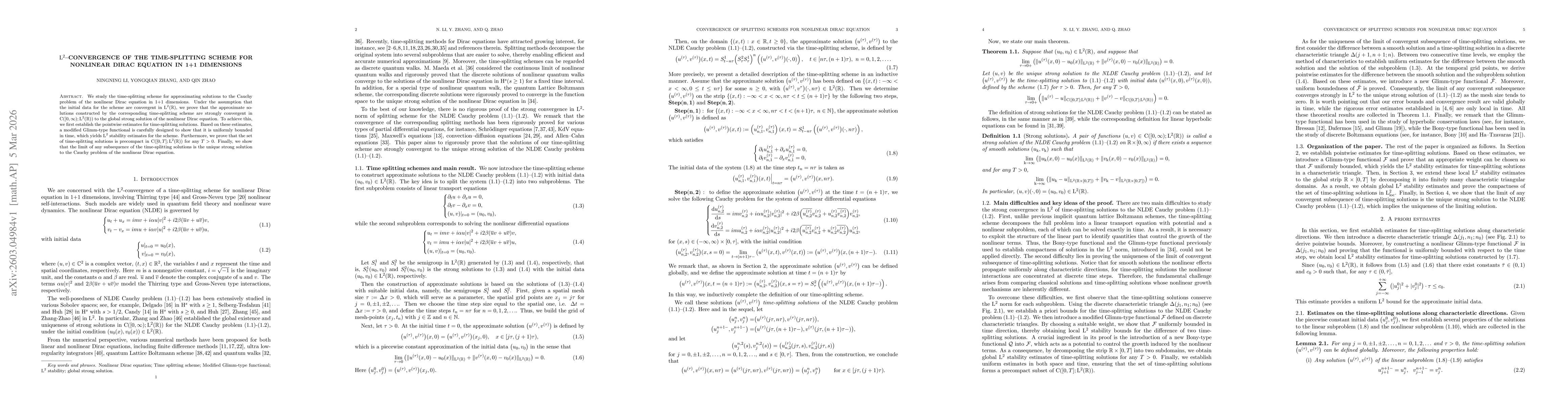 Thumbnail for $\mathrm{L}^{2}$--convergence of the time-splitting scheme for nonlinear Dirac equation in 1+1 dimensions