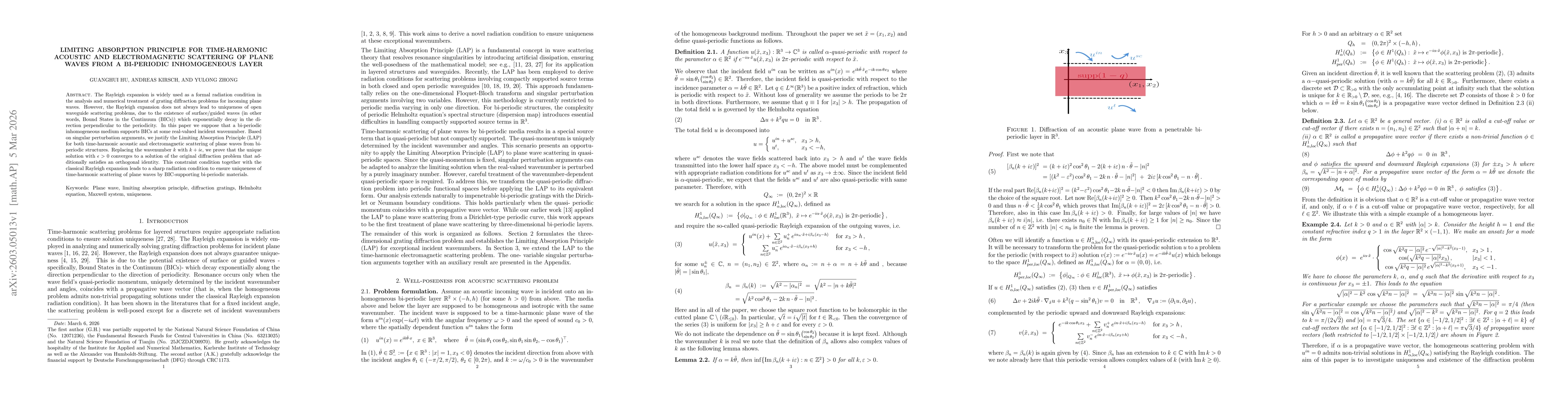 Thumbnail for Limiting absorption principle for time-harmonic acoustic and electromagnetic scattering of plane waves from a bi-periodic inhomogeneous layer