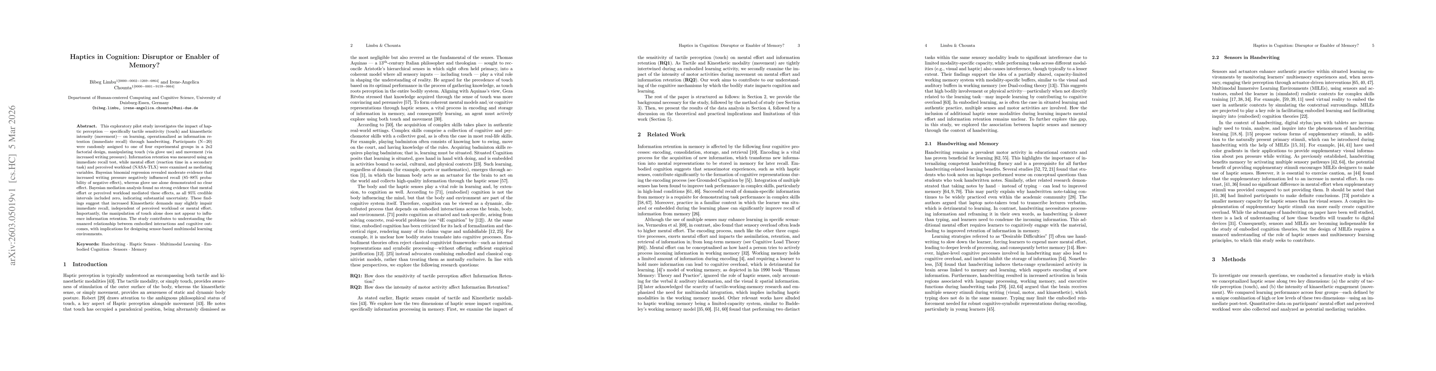 Thumbnail for Haptics in Cognition: Disruptor or Enabler of Memory?