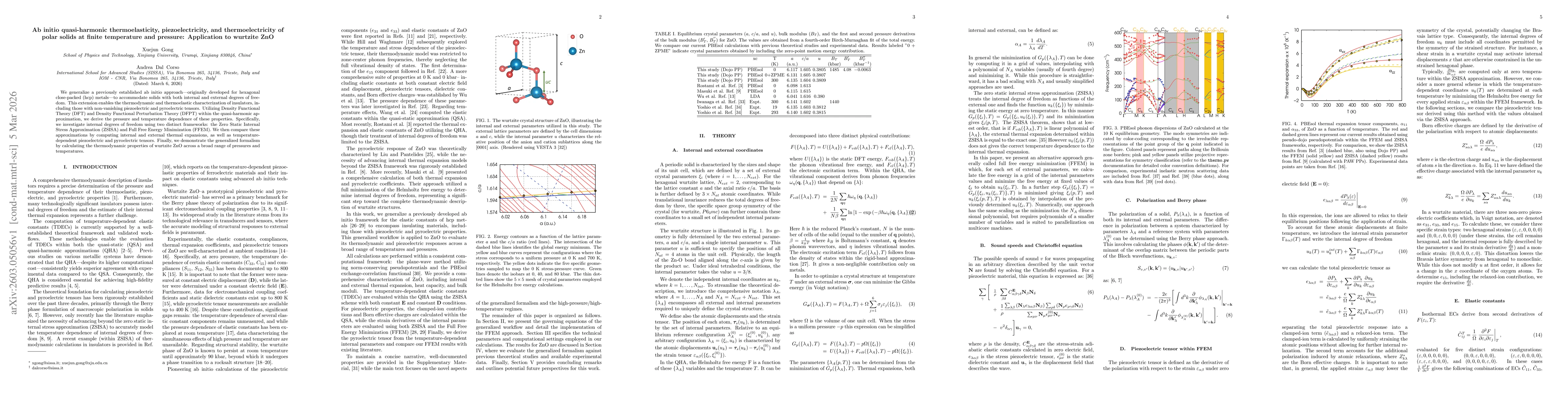 Thumbnail for Ab initio quasi-harmonic thermoelasticity, piezoelectricity, and thermoelectricity of polar solids at finite temperature and pressure: Application to wurtzite ZnO
