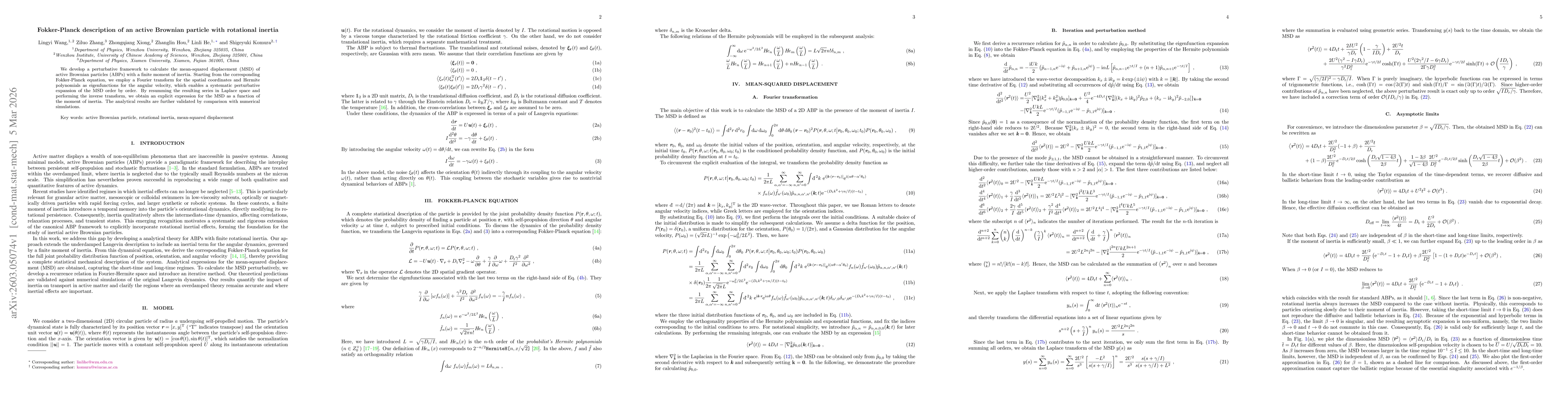 Thumbnail for Fokker-Planck description of an active Brownian particle with rotational inertia