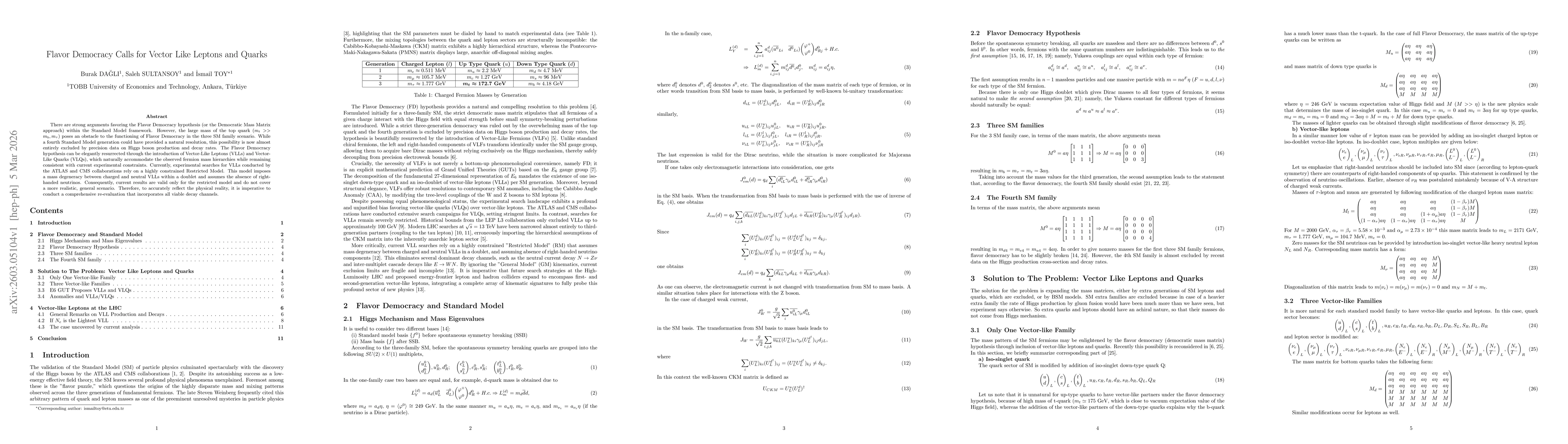 Thumbnail for Flavor Democracy Calls for Vector Like Leptons and Quarks