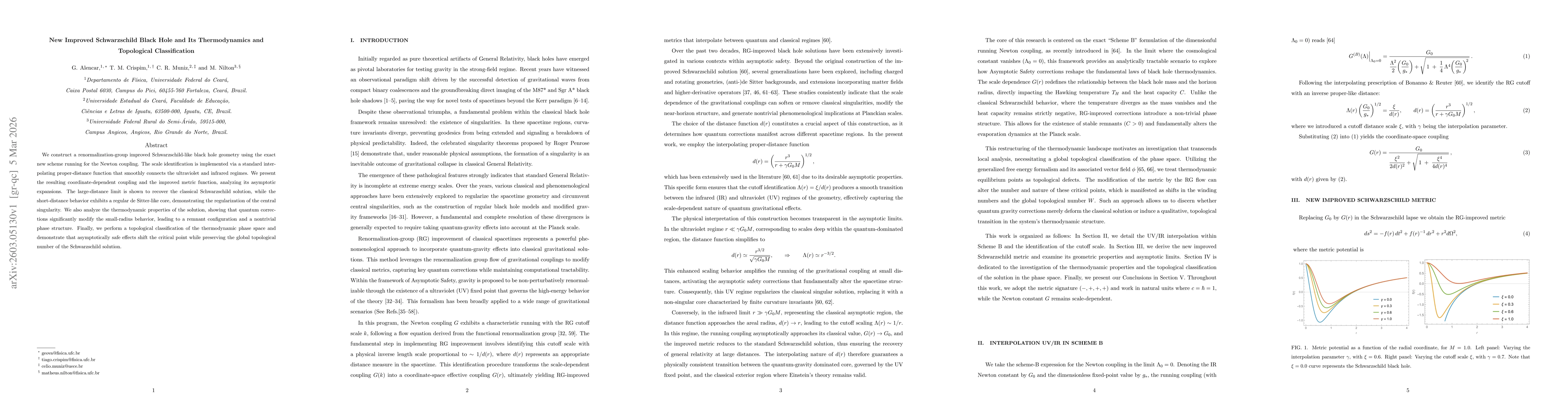 Thumbnail for New Improved Schwarzschild Black Hole and Its Thermodynamics and Topological Classification