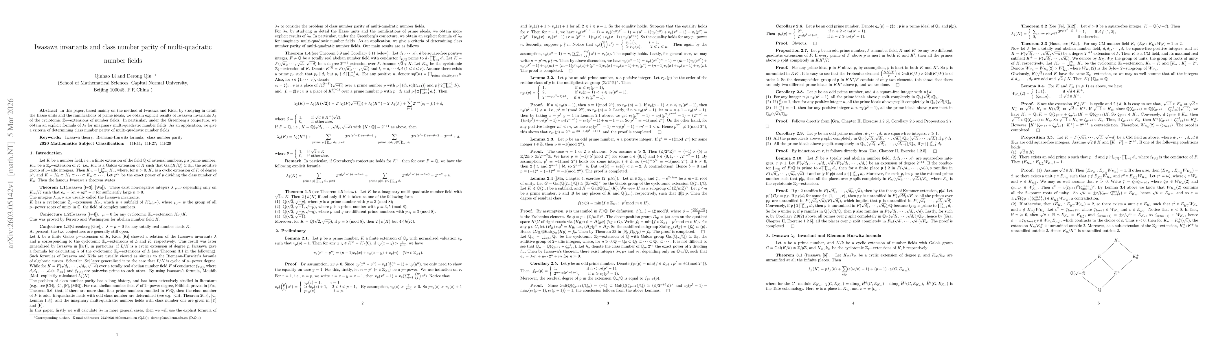 Thumbnail for Iwasawa invariants and class number parity of multi-quadratic number fields