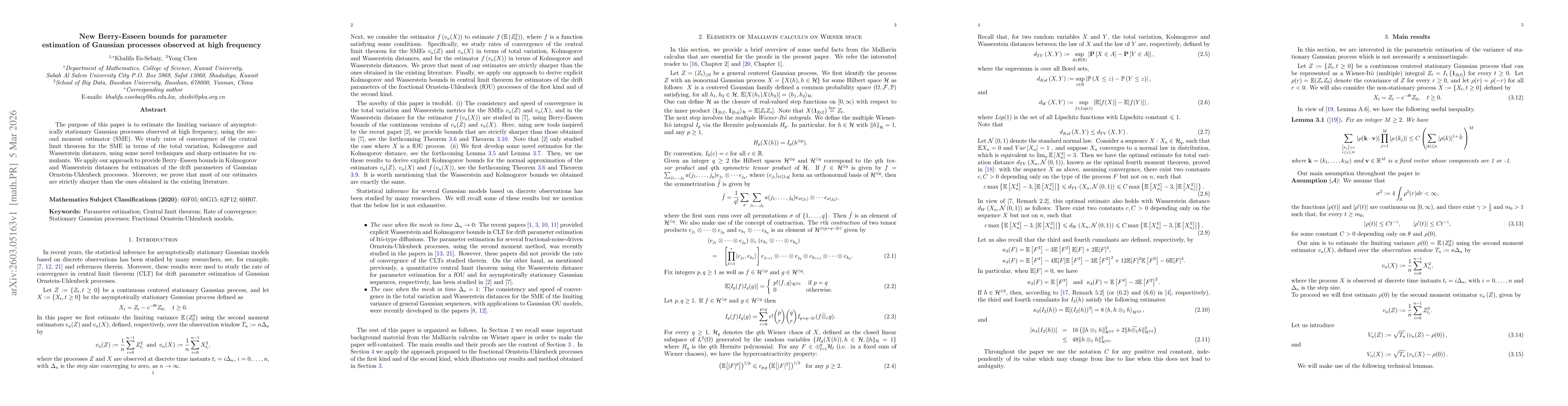 Thumbnail for New Berry-Esseen bounds for parameter estimation of Gaussian processes observed at high frequency