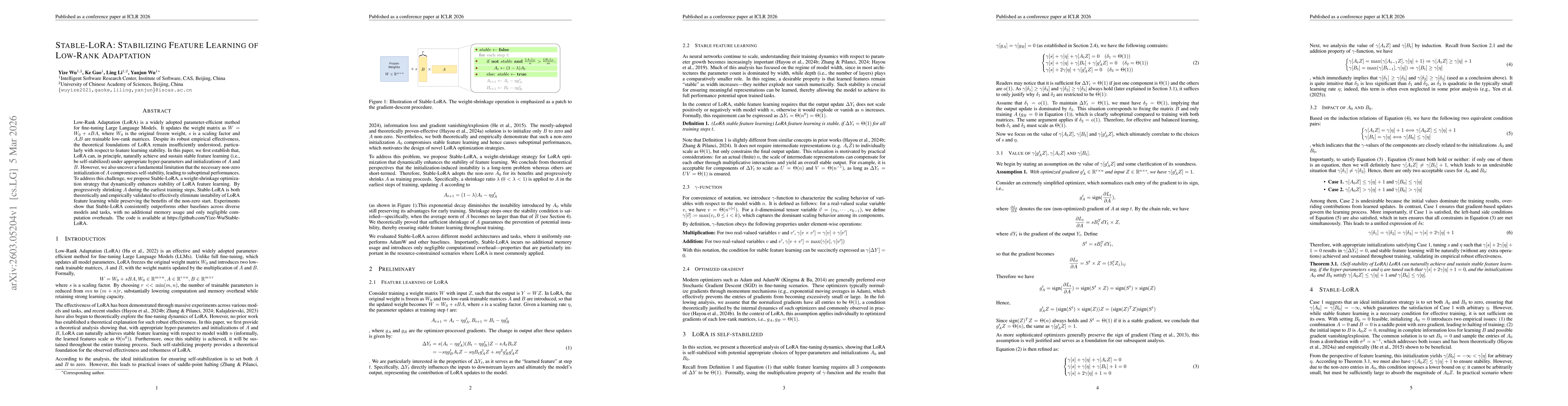 Thumbnail for Stable-LoRA: Stabilizing Feature Learning of Low-Rank Adaptation