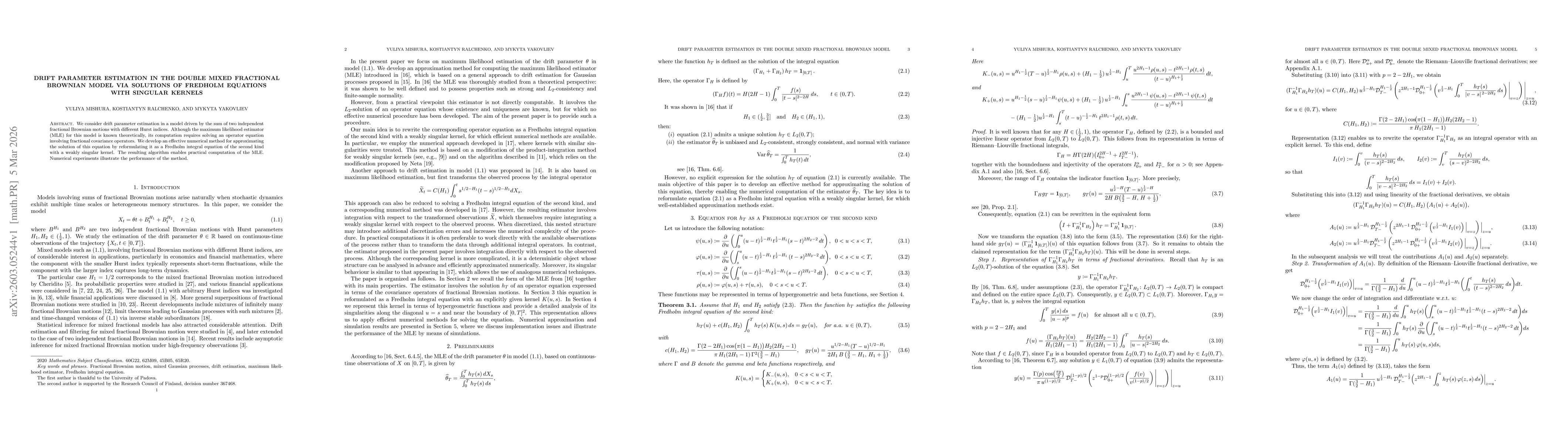 Thumbnail for Drift parameter estimation in the double mixed fractional Brownian model via solutions of Fredholm equations with singular kernels