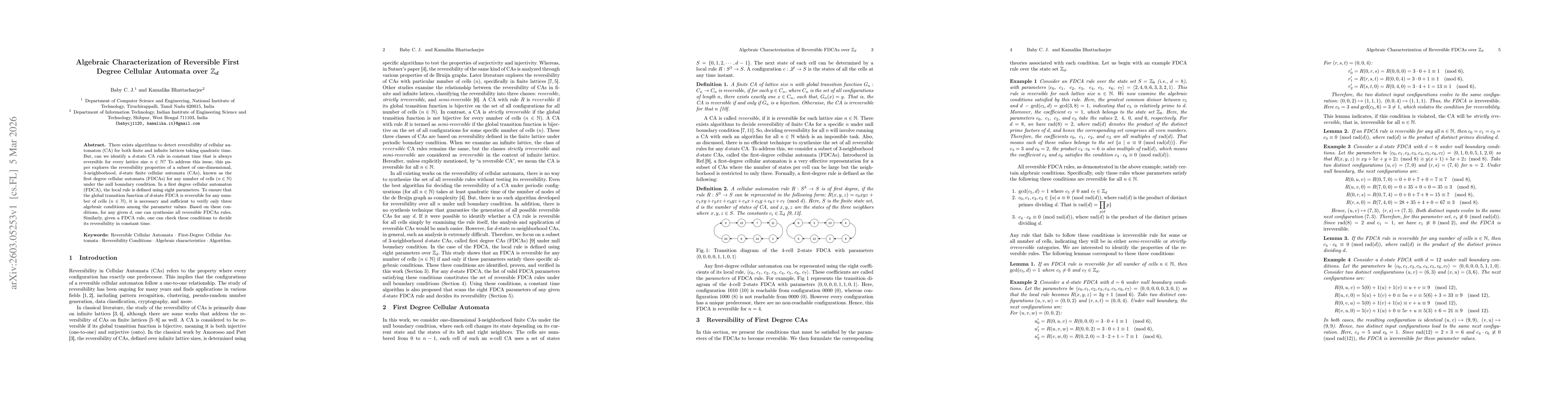 Thumbnail for Algebraic Characterization of Reversible First Degree Cellular Automata over $\mathbb{Z}_d$
