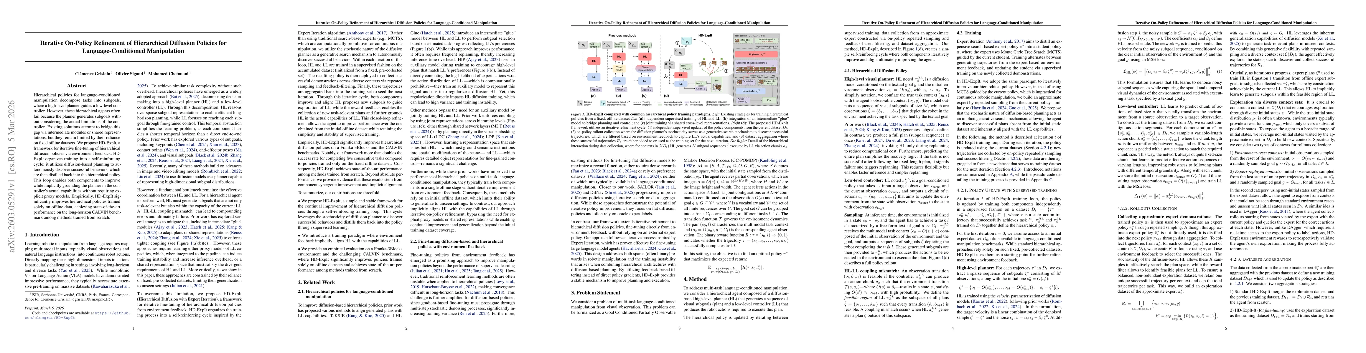 Thumbnail for Iterative On-Policy Refinement of Hierarchical Diffusion Policies for Language-Conditioned Manipulation