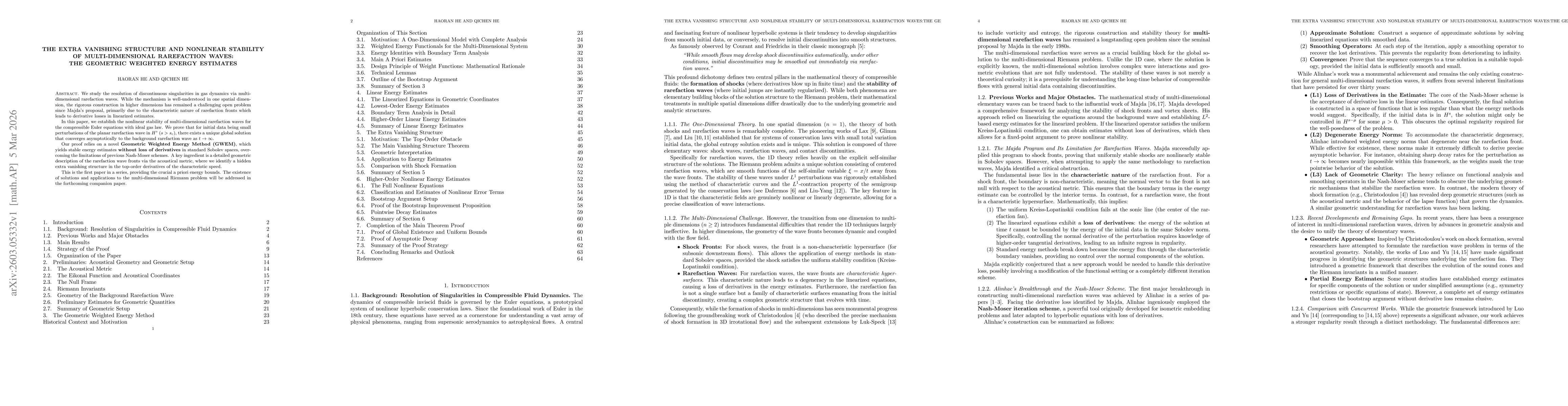 Thumbnail for The Extra Vanishing Structure and Nonlinear Stability of Multi-Dimensional Rarefaction Waves: The Geometric Weighted Energy Estimates