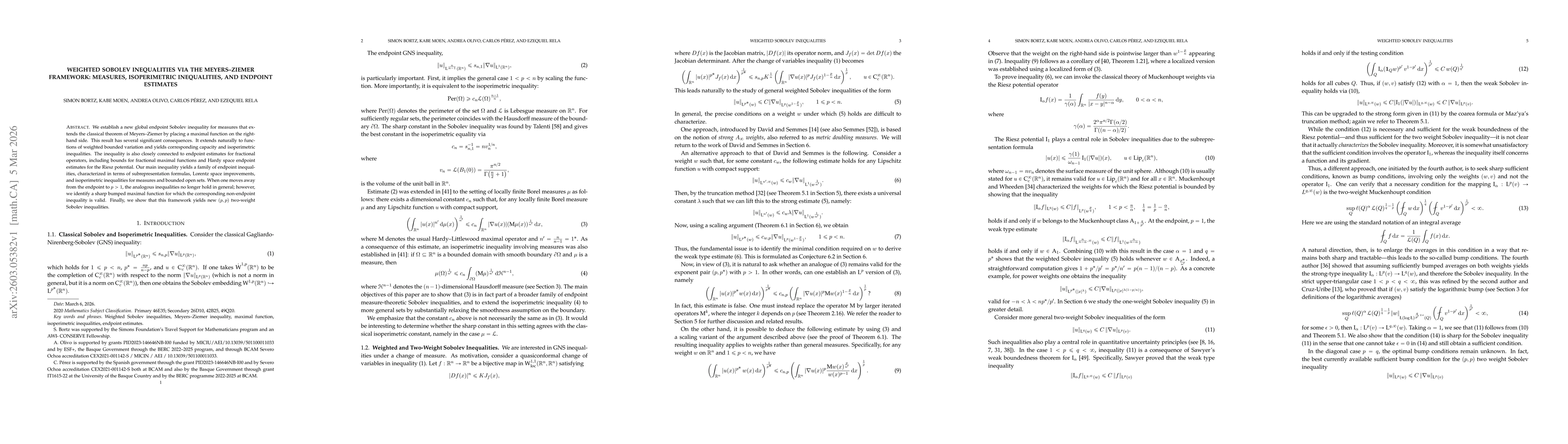 Thumbnail for Weighted Sobolev Inequalities via the Meyers--Ziemer Framework: Measures, Isoperimetric Inequalities, and Endpoint Estimates