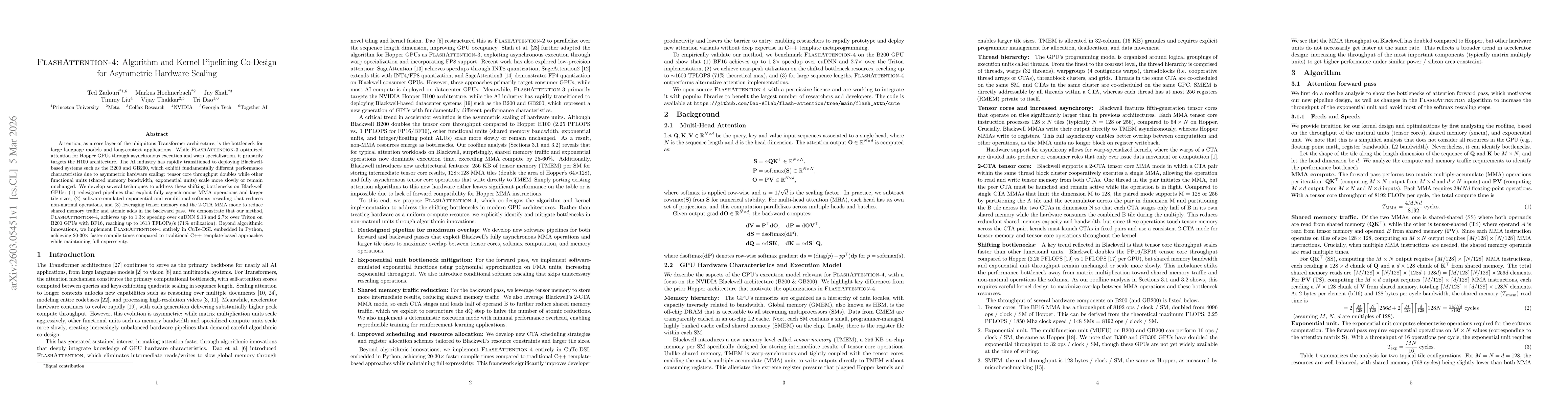 Thumbnail for FlashAttention-4: Algorithm and Kernel Pipelining Co-Design for Asymmetric Hardware Scaling