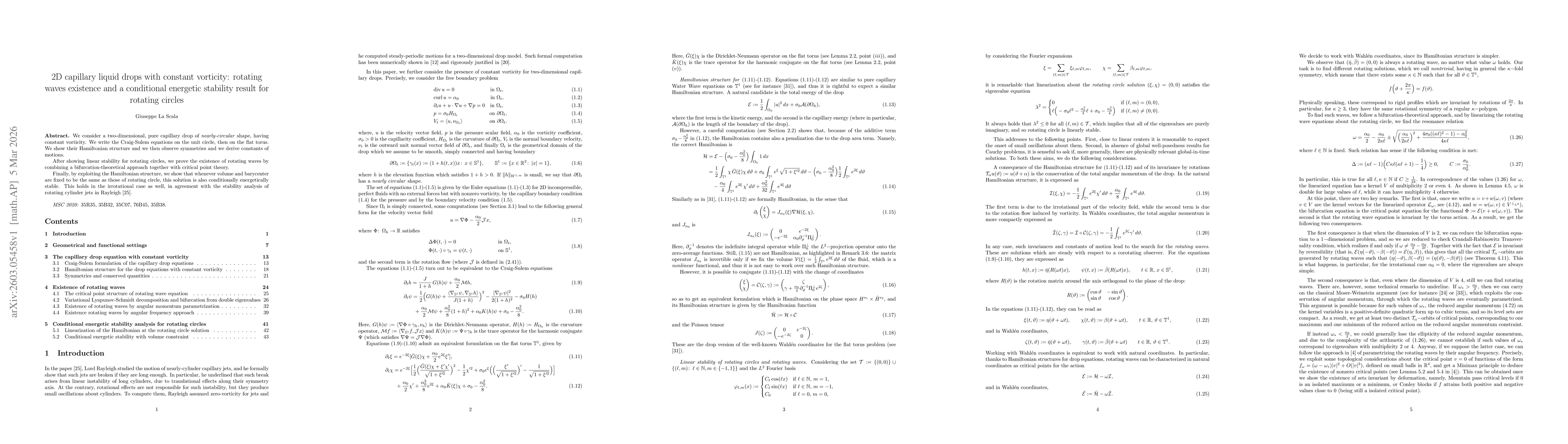 Thumbnail for 2D capillary liquid drops with constant vorticity: rotating waves existence and a conditional energetic stability result for rotating circles