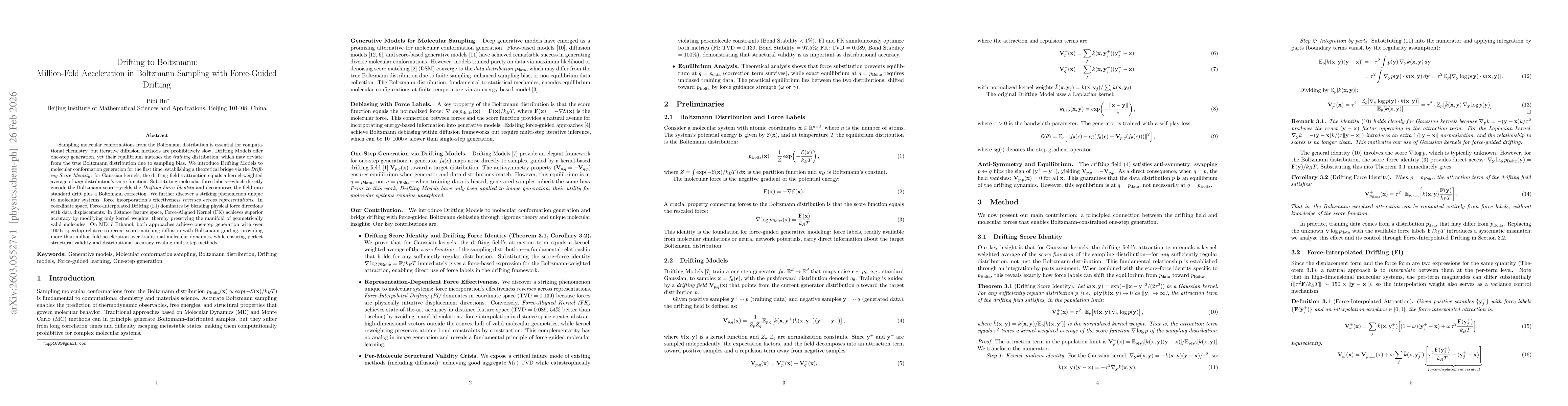 Thumbnail for Drifting to Boltzmann: Million-Fold Acceleration in Boltzmann Sampling with Force-Guided Drifting