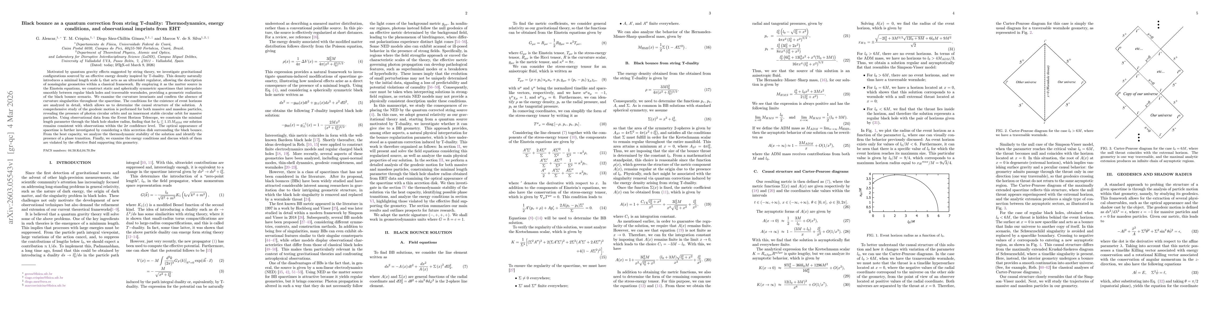 Thumbnail for Black bounce as a quantum correction from string T-duality: Thermodynamics, energy conditions, and observational imprints from EHT