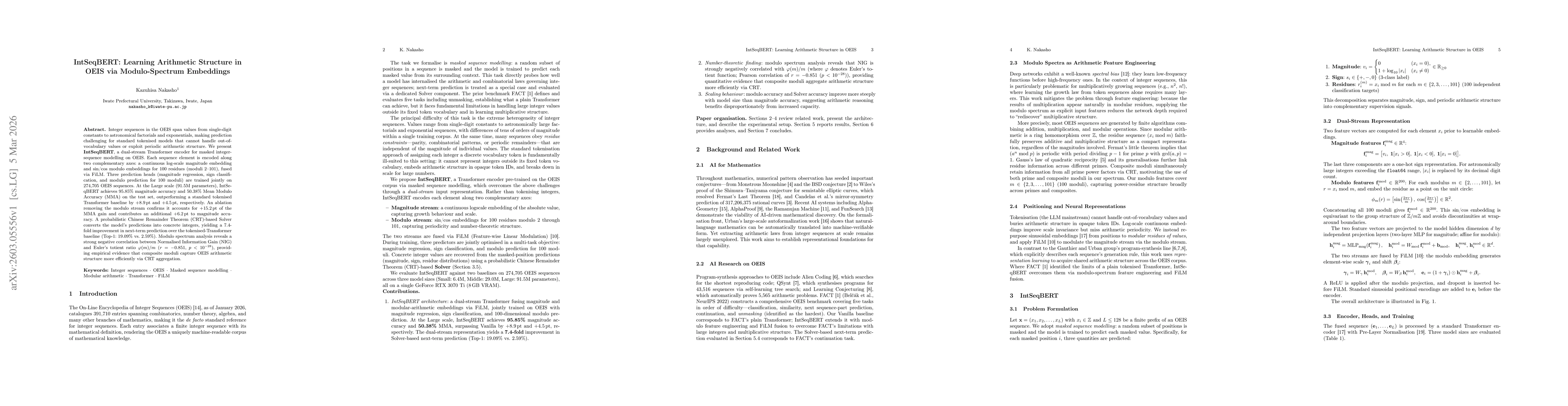 Thumbnail for IntSeqBERT: Learning Arithmetic Structure in OEIS via Modulo-Spectrum Embeddings