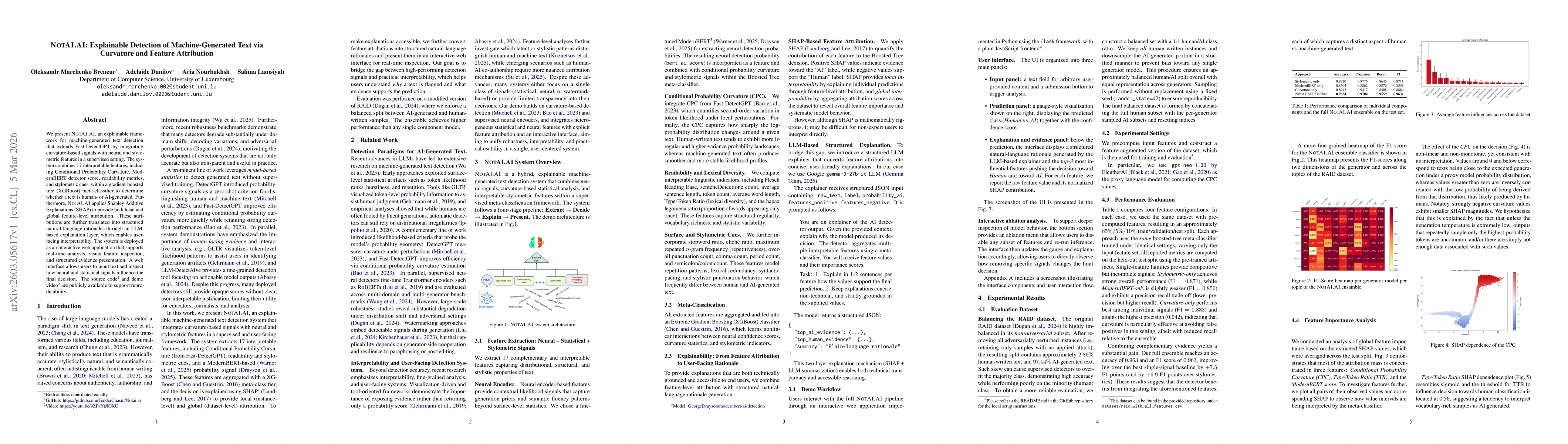 Thumbnail for NOTAI.AI: Explainable Detection of Machine-Generated Text via Curvature and Feature Attribution