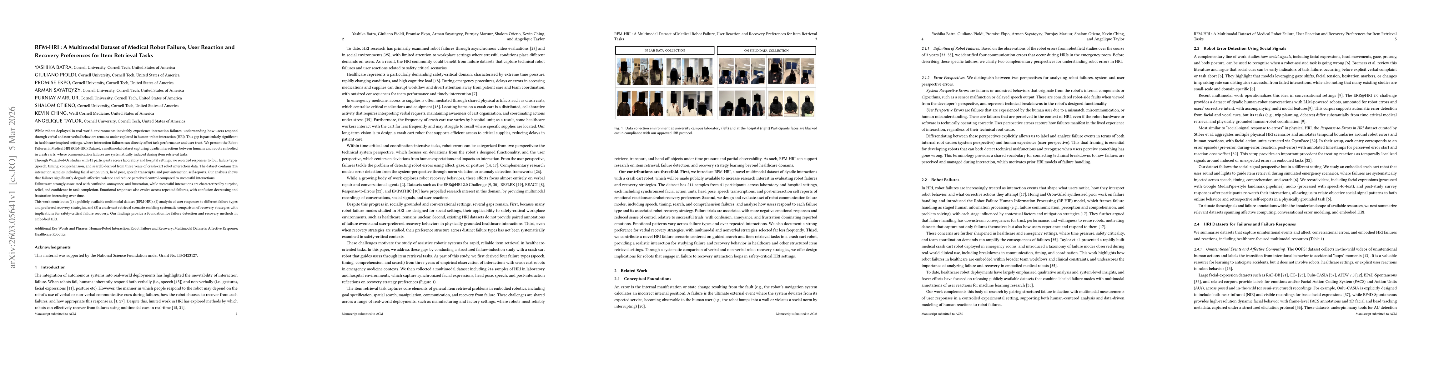 Thumbnail for RFM-HRI : A Multimodal Dataset of Medical Robot Failure, User Reaction and Recovery Preferences for Item Retrieval Tasks