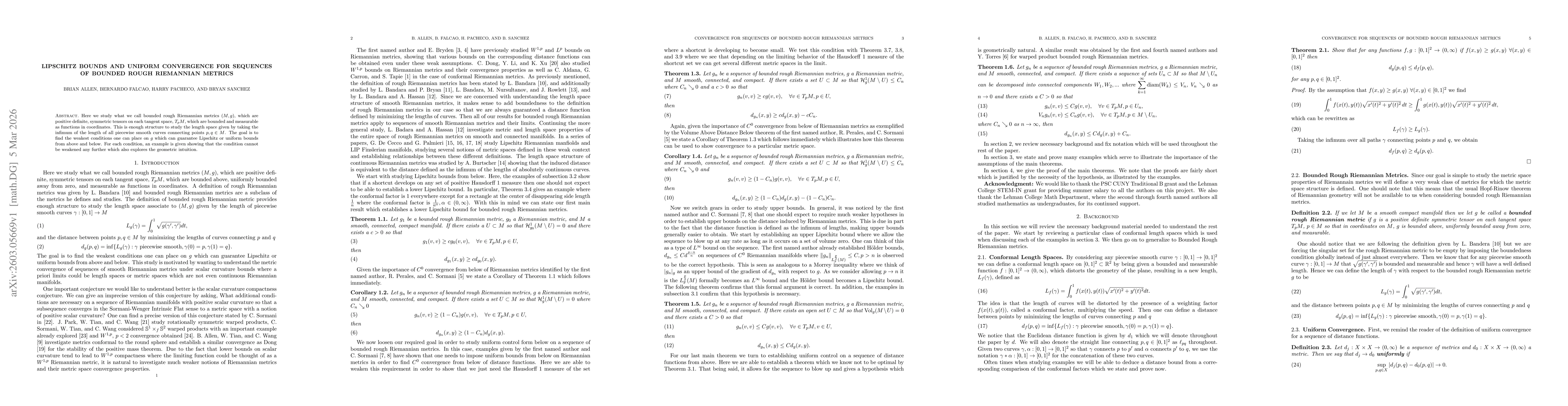 Thumbnail for Lipschitz Bounds and Uniform Convergence for Sequences of Bounded Rough Riemannian Metrics