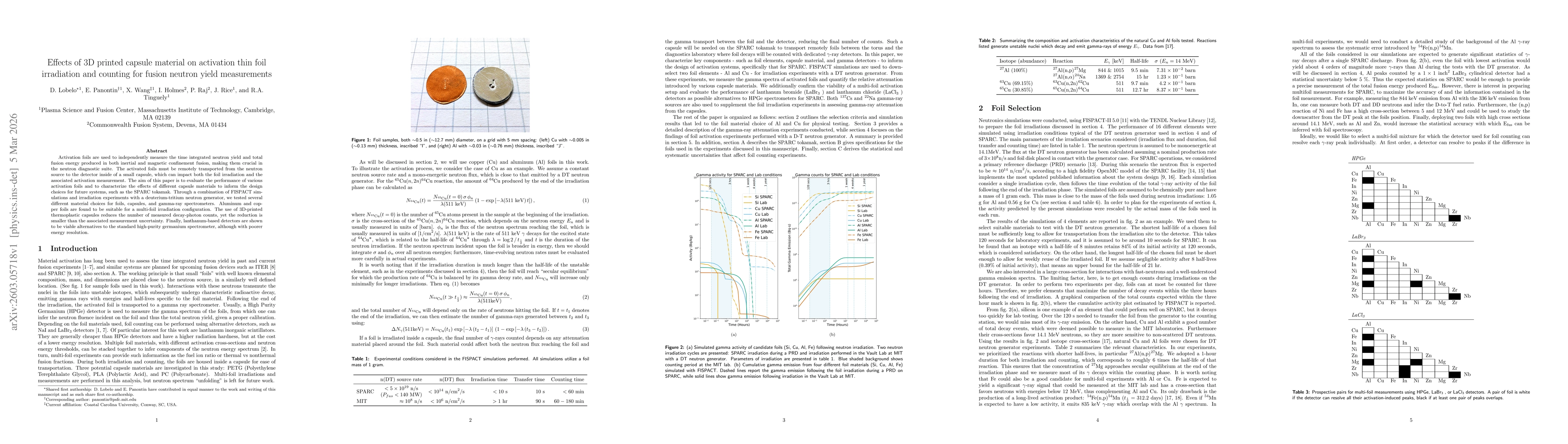 Thumbnail for Effects of 3D printed capsule material on activation thin foil irradiation and counting for fusion neutron yield measurements