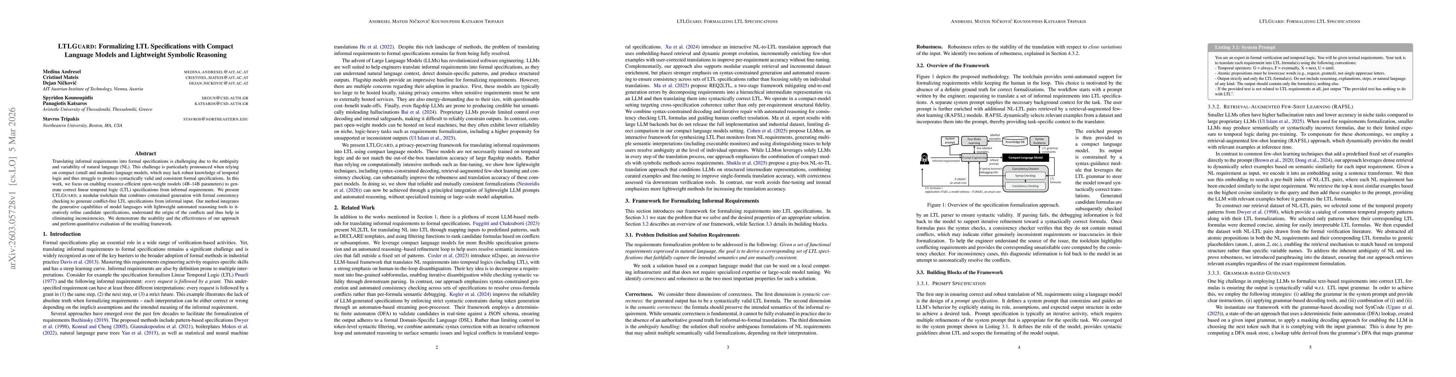 Thumbnail for LTLGuard: Formalizing LTL Specifications with Compact Language Models and Lightweight Symbolic Reasoning