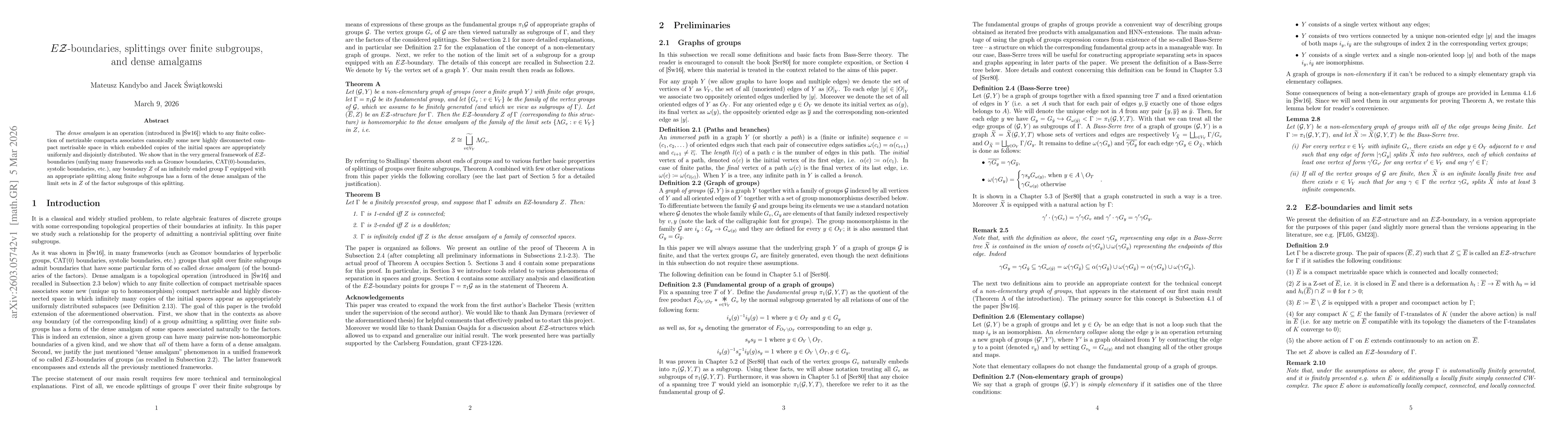 Thumbnail for $E\mathcal{Z}$-boundaries, splittings over finite subgroups, and dense amalgams