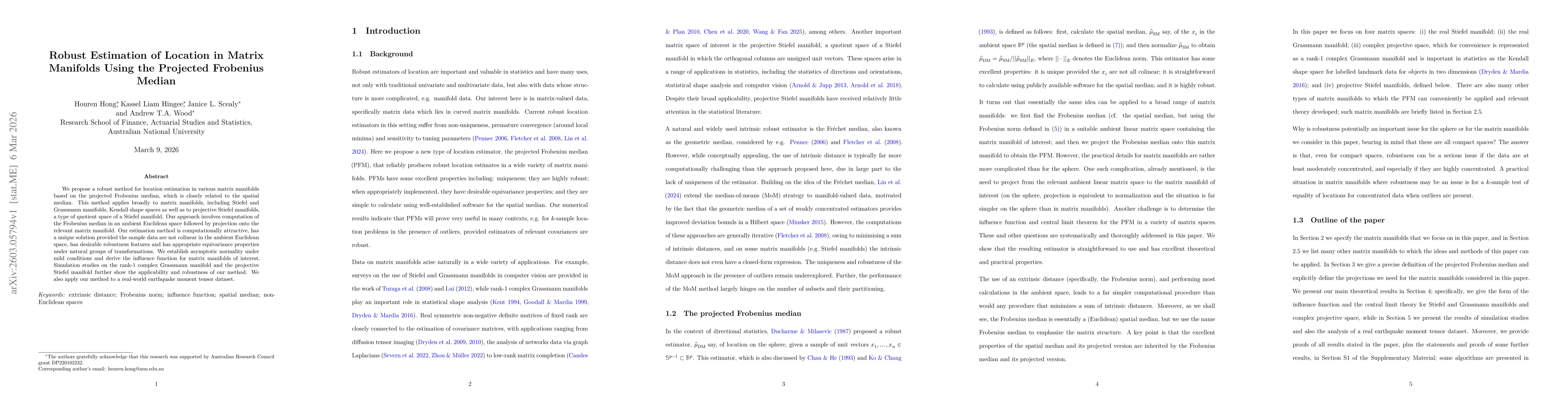 Thumbnail for Robust Estimation of Location in Matrix Manifolds Using the Projected Frobenius Median