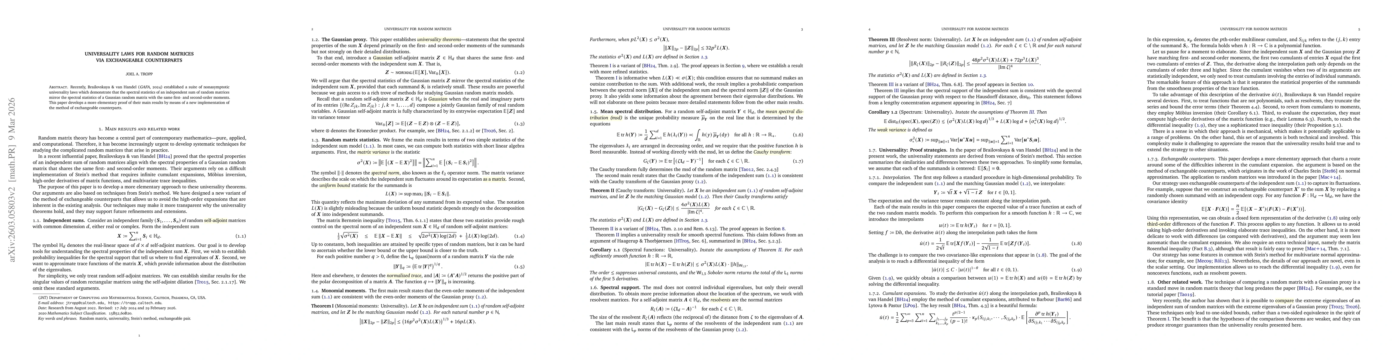 Thumbnail for Universality laws for random matrices via exchangeable pairs