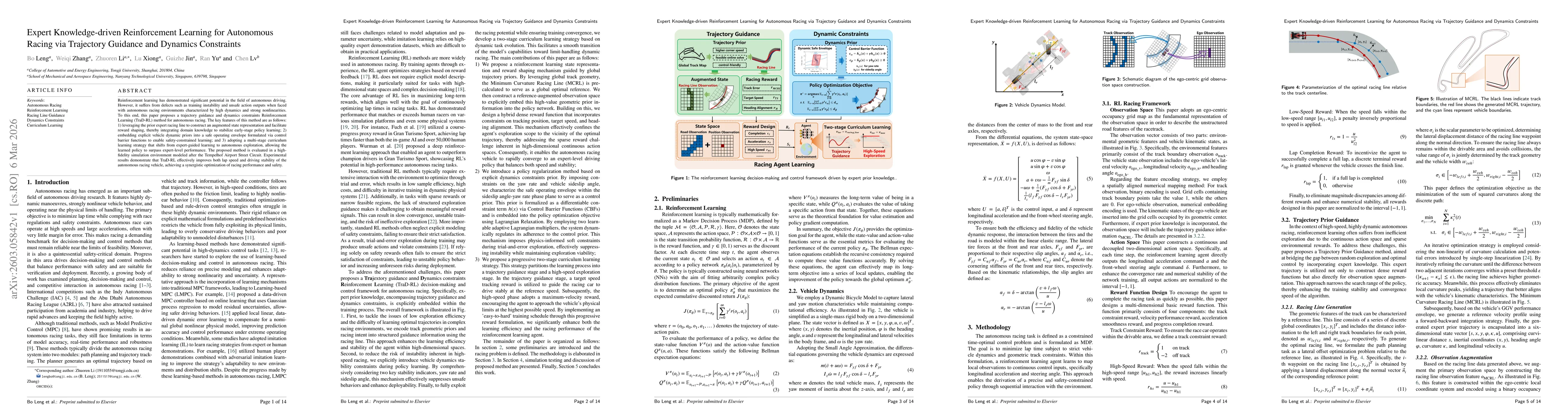 Thumbnail for Expert Knowledge-driven Reinforcement Learning for Autonomous Racing via Trajectory Guidance and Dynamics Constraints