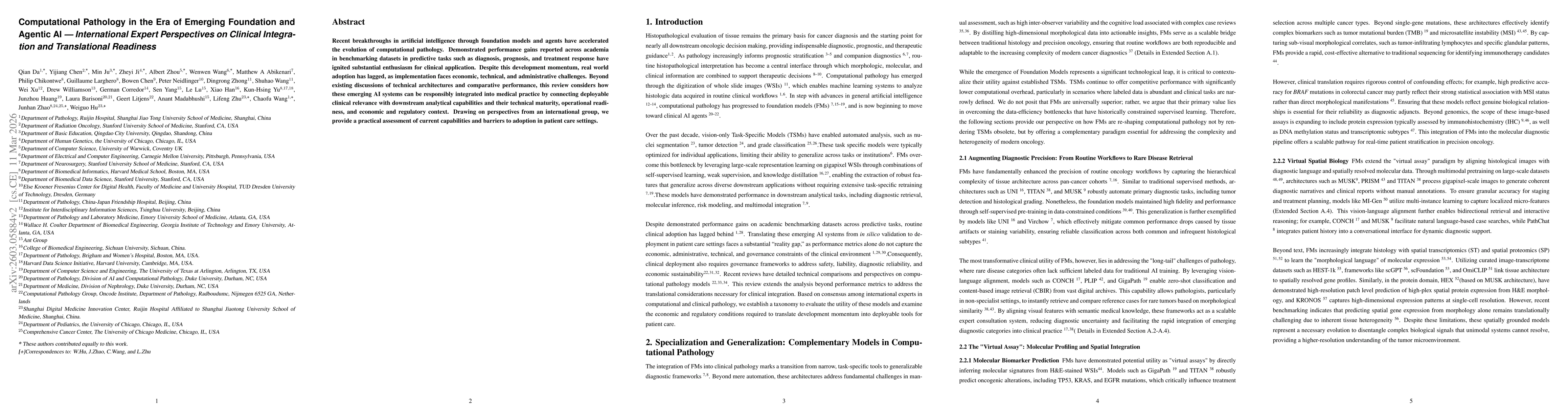 Thumbnail for Computational Pathology in the Era of Emerging Foundation and Agentic AI -- International Expert Perspectives on Clinical Integration and Translational Readiness