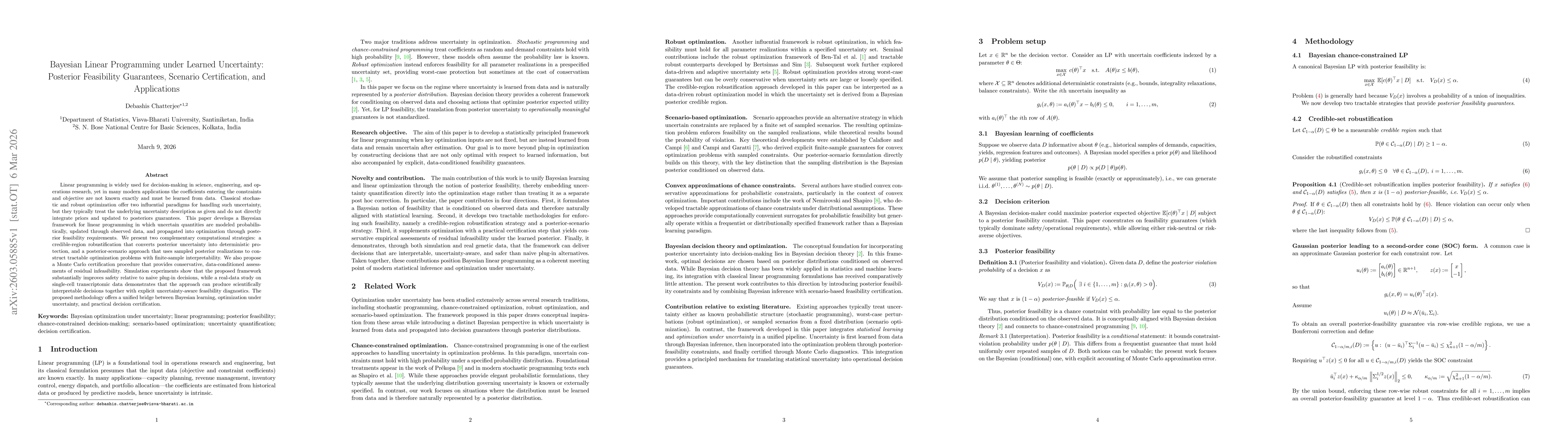 Thumbnail for Bayesian Linear Programming under Learned Uncertainty: Posterior Feasibility Guarantees, Scenario Certification, and Applications