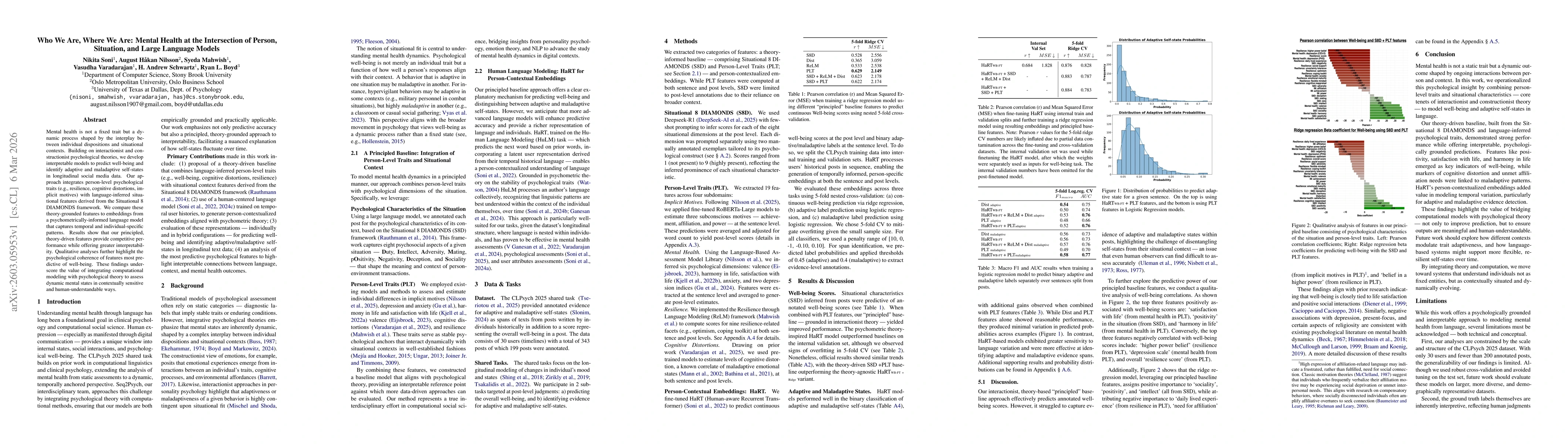 Thumbnail for Who We Are, Where We Are: Mental Health at the Intersection of Person, Situation, and Large Language Models