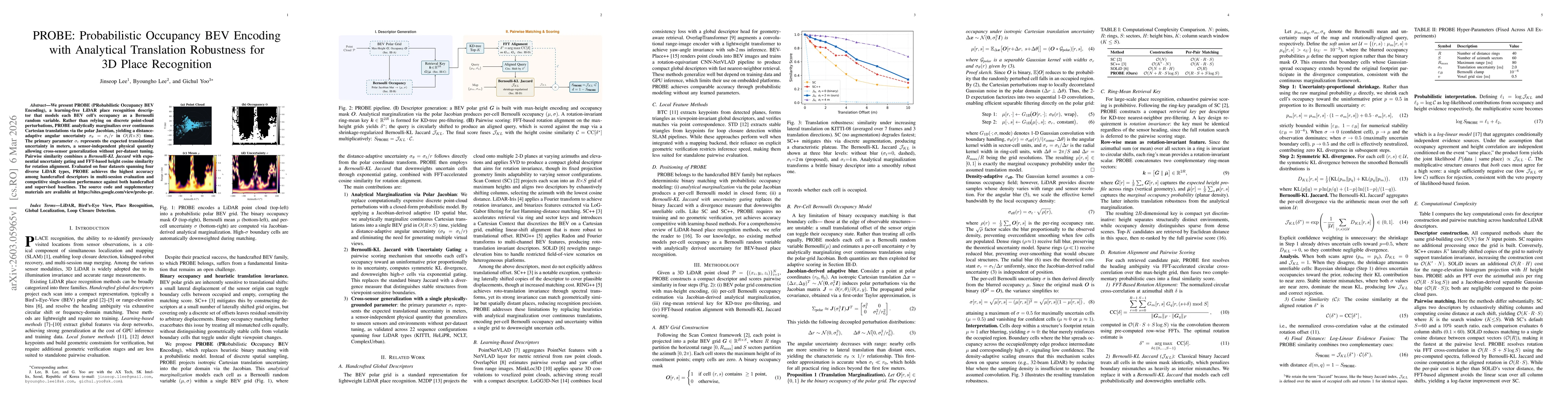 Thumbnail for PROBE: Probabilistic Occupancy BEV Encoding with Analytical Translation Robustness for 3D Place Recognition